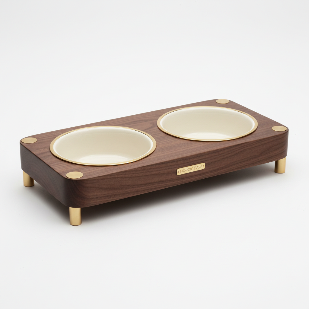 Walnut & Brass Designer Pet Feeding Station