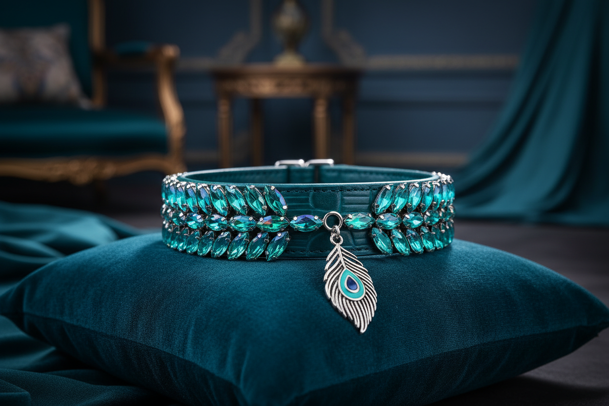 Teal Peacock Crystal Dog Collar