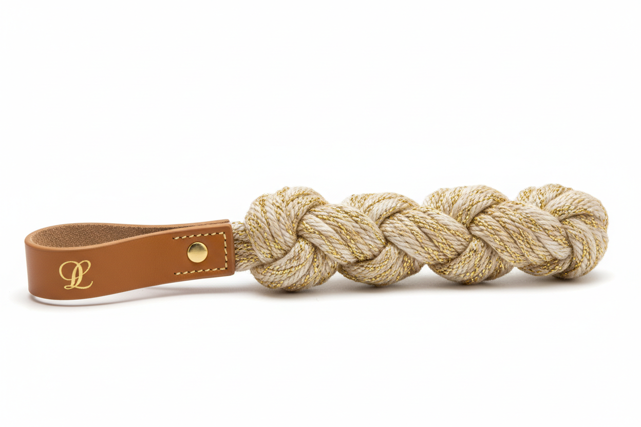 Gold Braided Rope & Leather Pet Tug Toy