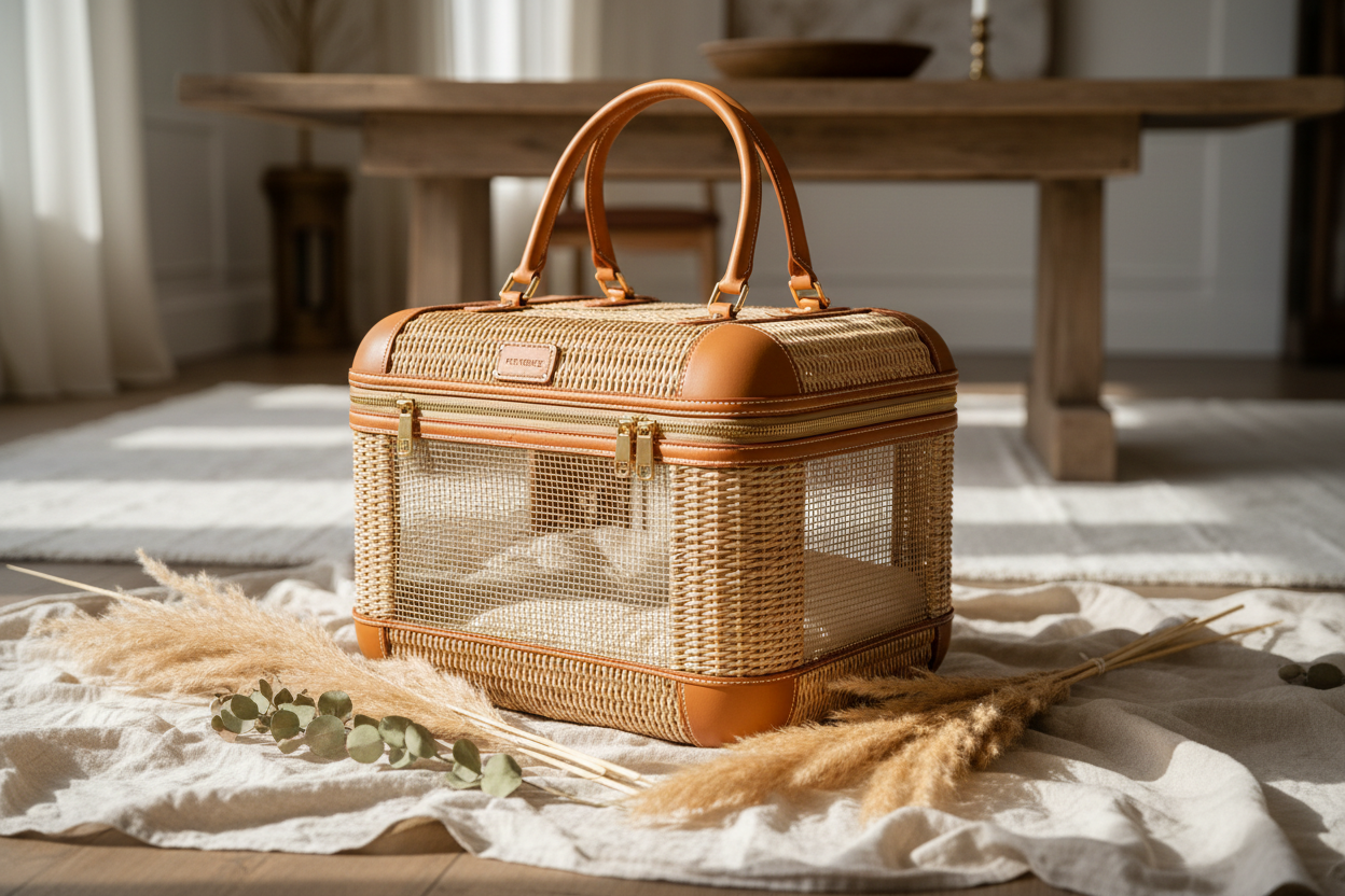 Champagne Woven Rattan Pet Carrier