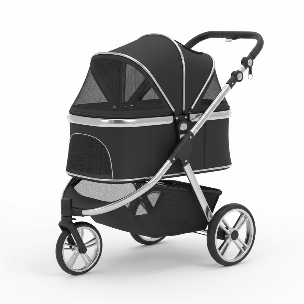 Sleek Black Chrome Luxury Pet Stroller