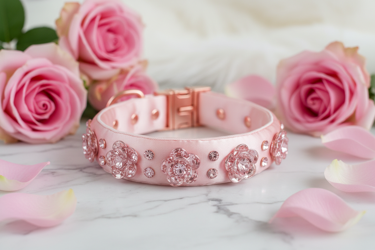 Blush Pink Floral Crystal Dog Collar