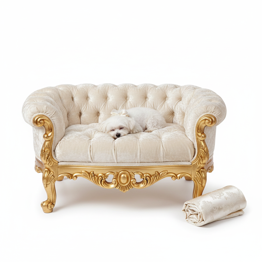 Gold Carved Frame Velvet Tufted Pet Bed